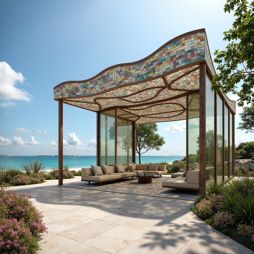 Prompt: Vibrant beachside pavilion, translucent glass walls, kaleidoscope-colored mosaics, undulating rooflines, driftwood accents, seashell-inspired ornaments, iridescent glass tiles, ocean-breeze ventilation, natural light diffusion, minimalist steel frames, curved lines, soft pastel hues, warm sandy textures, coastal vegetation, serene ocean views, sunny day, shallow depth of field, 1/1 composition, realistic reflections, ambient occlusion.