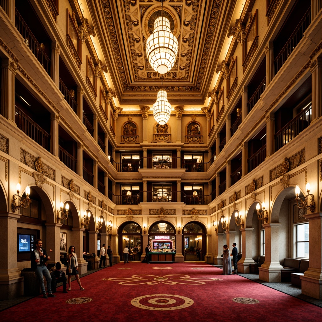 Prompt: Grandiose casino facade, ornate Baroque details, golden accents, intricately carved stonework, majestic columns, grand archways, opulent chandeliers, lavish balconies, curved lines, rich textures, warm golden lighting, dramatic shadows, 1/1 composition, low-angle view, cinematic atmosphere, detailed ornaments, Renaissance-inspired motifs, vibrant red carpeting, luxurious marble floors.