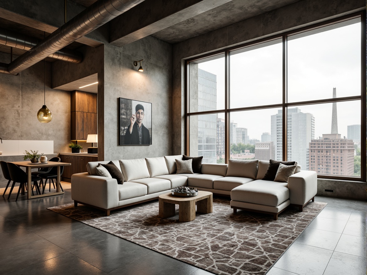 Prompt: Minimalist loft space, high ceilings, industrial chic atmosphere, polished concrete floors, exposed ductwork, modern streamline furniture, curved lines, rounded shapes, metallic accents, luxurious textiles, tufted sofas, low-profile coffee tables, geometric patterned rugs, floor-to-ceiling windows, natural light pouring in, urban cityscape views, warm neutral color palette, soft indirect lighting, 1/1 composition, atmospheric misting effect, subtle reflections.