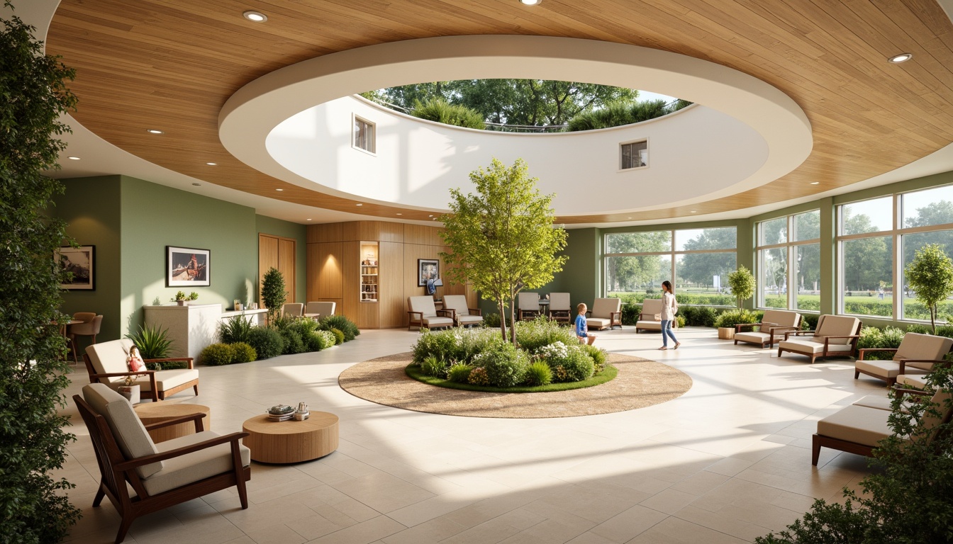 Prompt: Calming rehabilitation center, natural wood accents, soothing color palette, comfortable seating areas, adaptive exercise equipment, physical therapy rooms, occupational therapy spaces, speech therapy booths, calming water features, lush green walls, abundance of natural light, spacious open layouts, circular waiting areas, minimalist decor, wheelchair-accessible ramps, Braille signage, warm beige flooring, gentle ambient lighting, shallow depth of field, 1/1 composition, soft focus, realistic textures.