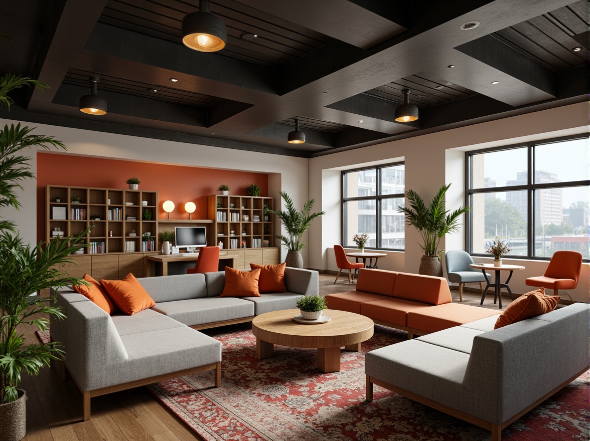 Prompt: Cozy student lounge, comfortable sofas, wooden coffee tables, modern pendant lights, minimalist decor, vibrant color accents, functional shelving units, spacious study areas, ergonomic chairs, collaborative workstations, private bedrooms, plush carpets, soft warm lighting, 3/4 composition, shallow depth of field, realistic textures, ambient occlusion.