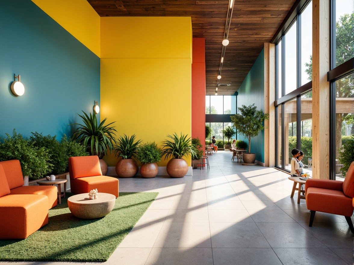 Prompt: Vibrant educational institution, dynamic color scheme, bright yellow accents, calming blue tones, energetic orange hues, soothing green walls, stimulating red details, natural wood textures, modern minimalist furniture, abundant daylight, soft warm lighting, shallow depth of field, 3/4 composition, panoramic view, realistic renderings, ambient occlusion.