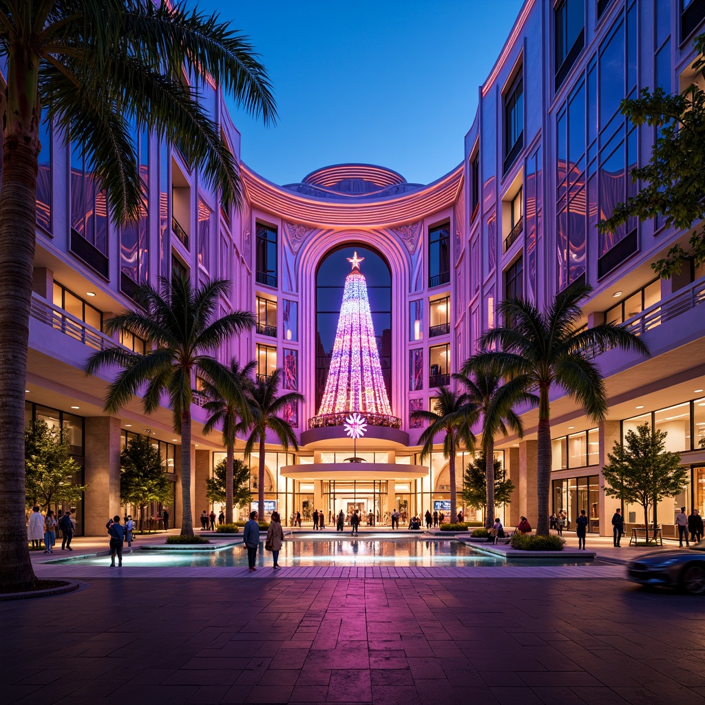 Prompt: Glamorous casino facade, sleek modern architecture, neon lights, vibrant colors, geometric patterns, ornate details, grand entrance, sweeping curves, luxurious materials, polished marble floors, metallic accents, futuristic LED displays, dynamic water features, tropical palm trees, warm sunny day, dramatic spotlights, cinematic composition, high contrast lighting, abstract reflections.