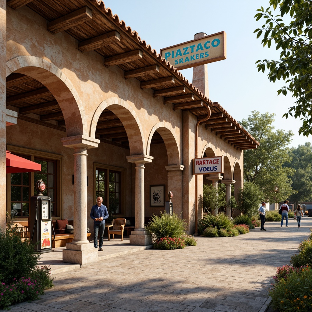 Prompt: Rustic gas station, Romanesque arches, ornate stone carvings, warm earthy tones, terracotta roof tiles, curved columns, decorative ironwork, vintage fuel pumps, nostalgic signage, cobblestone pavement, lush greenery, blooming flowers, sunny day, soft warm lighting, shallow depth of field, 3/4 composition, panoramic view, realistic textures, ambient occlusion.