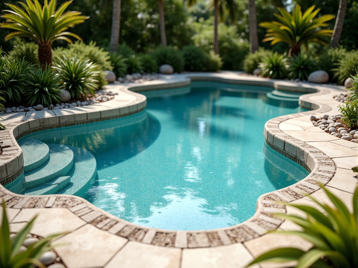 Prompt: Undulating swimming pool, wavy edges, soft blue water, irregularly shaped blob-like structures, organic forms inspired by nature, flowing curves, smooth pebbles, natural stone decking, lush greenery surroundings, tropical plants, sunny day, warm gentle lighting, shallow depth of field, 1/1 composition, symmetrical framing, vibrant turquoise accents, realistic water effects, ambient occlusion.