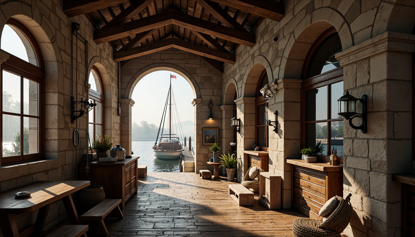 Prompt: Rustic boathouse, Romanesque arches, weathered stone walls, wooden dock, nautical ropes, sailboat-inspired details, distressed wood accents, vintage maritime equipment, ornate metal railings, lantern-style lighting, warm earthy tones, natural textures, organic forms, curved lines, medieval-inspired ornaments, water-reflecting glass surfaces, soft morning light, misty atmosphere, shallow depth of field, 1/2 composition, intimate close-up shots, realistic wear and tear.