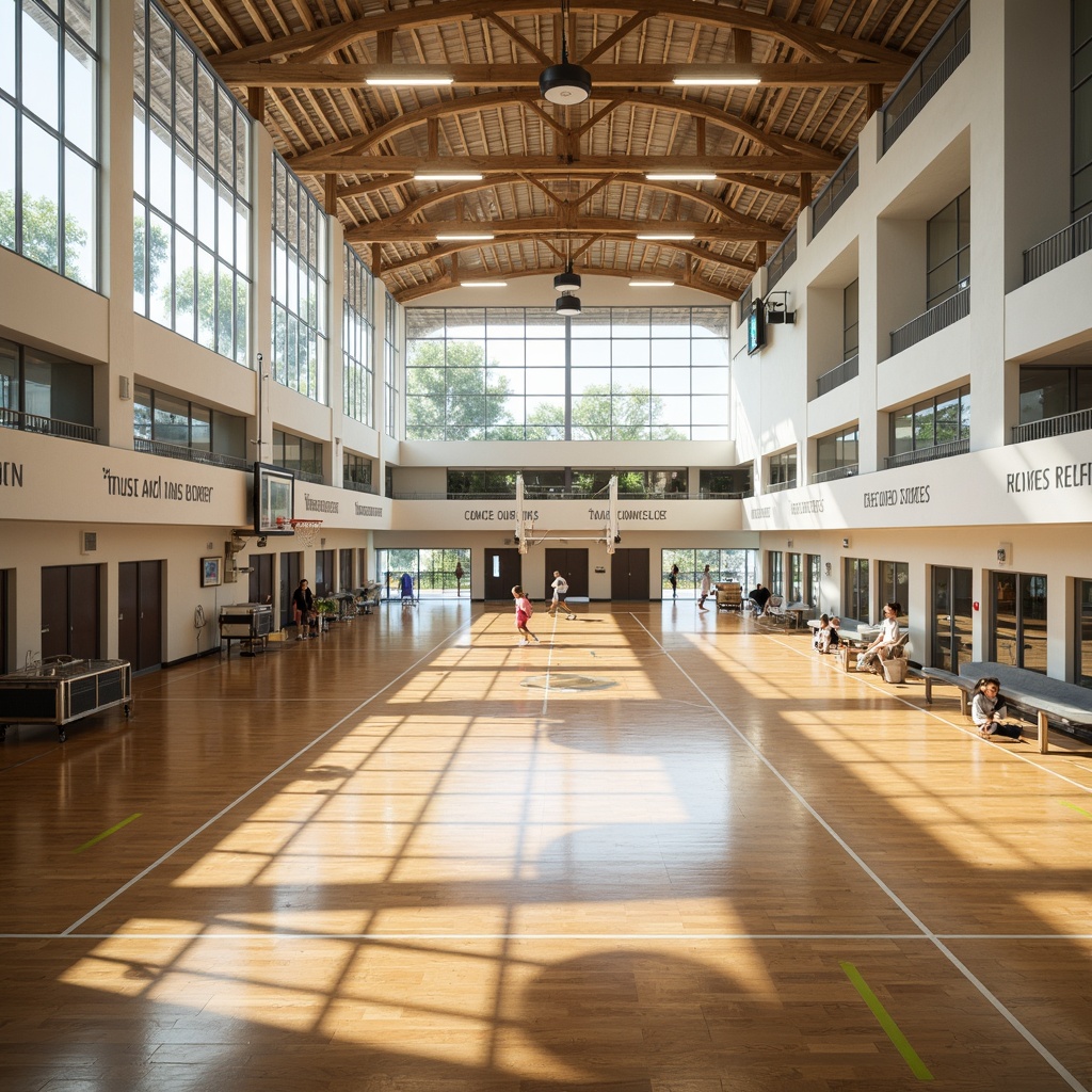 Prompt: Spacious gymnasium interior, high ceilings, clerestory windows, abundant natural light, polished wooden floors, athletic equipment, basketball hoops, volleyball nets, scoreboards, motivational quotes, modern minimalist design, large glass doors, transparent partitions, bright colors, lively atmosphere, morning sunlight, soft warm lighting, shallow depth of field, 3/4 composition, panoramic view, realistic textures, ambient occlusion.