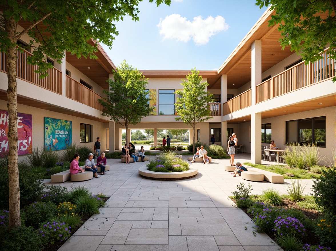 Prompt: Vibrant community center, open courtyard, lush greenery, modern architecture, natural stone flooring, wooden accents, abundant daylight, high ceilings, flexible seating areas, collaborative workspaces, interactive exhibits, colorful murals, inclusive play equipment, accessible ramps, warm lighting, shallow depth of field, 1/1 composition, panoramic view, realistic textures, ambient occlusion.