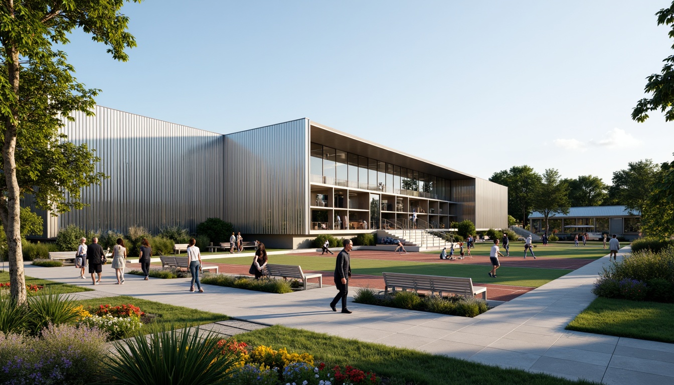 Prompt: Modern gymnasium building, sleek metal fa\u00e7ade, large glass windows, minimalist design, international style architecture, lush greenery, vibrant flowers, athletic tracks, sports equipment, outdoor seating areas, wooden benches, natural stone walkways, modern LED lighting, shallow depth of field, 3/4 composition, panoramic view, realistic textures, ambient occlusion, tropical plants, exotic trees, water features, infinity pools, sunken gardens, grand entrance, monumental staircase, spacious courtyards, brutalist concrete structures.