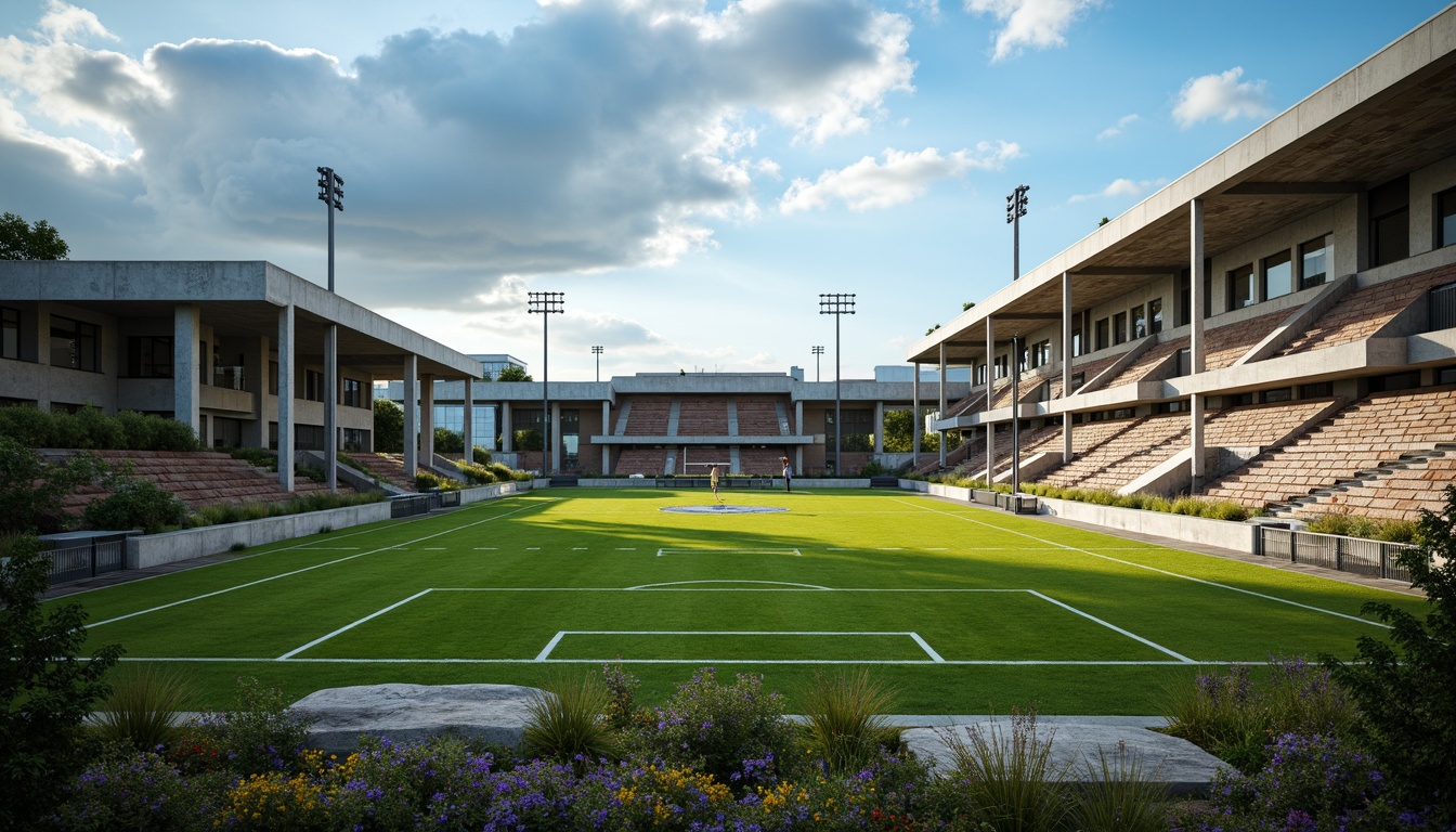 Prompt: Rugged sports field, brutalist architecture, weathered concrete structures, industrial metal fences, bold angular lines, vibrant green turf, athletic track lanes, goalposts, stadium seating, natural stone retaining walls, earthen mounds, native wildflowers, cloudy blue sky, dramatic shadows, high-contrast lighting, 1-point perspective composition, cinematic atmosphere, realistic textures, ambient occlusion.