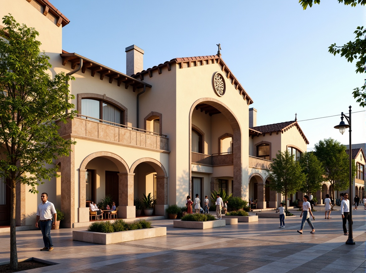 Prompt: Vibrant community center, renaissance-inspired fa\u00e7ade, ornate stone carvings, grand arches, rusticated columns, warm beige tones, terracotta roof tiles, lush greenery, blooming flower boxes, pedestrian-friendly plaza, bustling street life, natural stone pavers, vintage street lamps, soft warm lighting, 1/1 composition, realistic textures, ambient occlusion.Let me know if you need any adjustments!