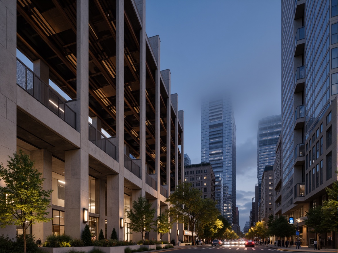 Prompt: Exposed concrete columns, metallic beams, wooden accents, cantilevered roofs, angular lines, minimalist design, industrial chic aesthetic, modern urban landscape, city skyscrapers, bustling streets, vibrant nightlife, neon lights, foggy atmosphere, shallow depth of field, 3/4 composition, panoramic view, realistic textures, ambient occlusion.