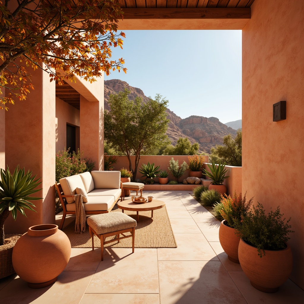 Prompt: Vibrant apricot hues, soft peach tones, warm golden light, rustic wooden accents, natural linen fabrics, earthy terracotta pots, lush greenery, blooming desert flowers, sunny afternoon, shallow depth of field, 3/4 composition, panoramic view, realistic textures, ambient occlusion.