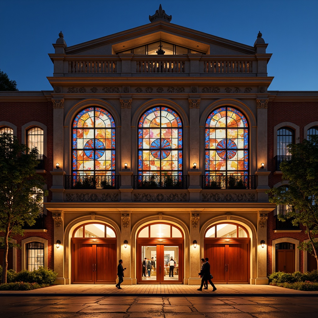 Prompt: Vibrant theater facade, ornate academic details, colored glass windows, stained glass patterns, intricate stone carvings, grand entrance archways, symmetrical composition, richly textured walls, dramatic spotlights, warm golden lighting, shallow depth of field, 1/1 composition, realistic materials, ambient occlusion, detailed brickwork, classic architectural columns, elegant balconies, ornamental metalwork, majestic rooflines.