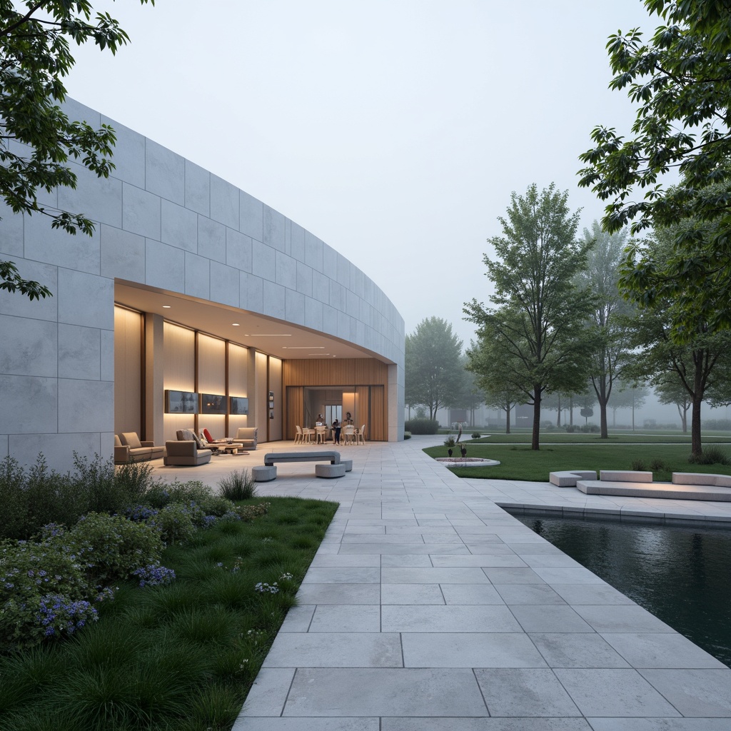 Prompt: Solemn memorial center, curved white marble facade, gentle water features, lush greenery, peaceful ambiance, natural stone walls, modern minimalist architecture, large glass windows, subtle LED lighting, abstract sculptures, commemorative plaques, somber color palette, foggy misty atmosphere, shallow depth of field, 1/2 composition, panoramic view, realistic textures, ambient occlusion.