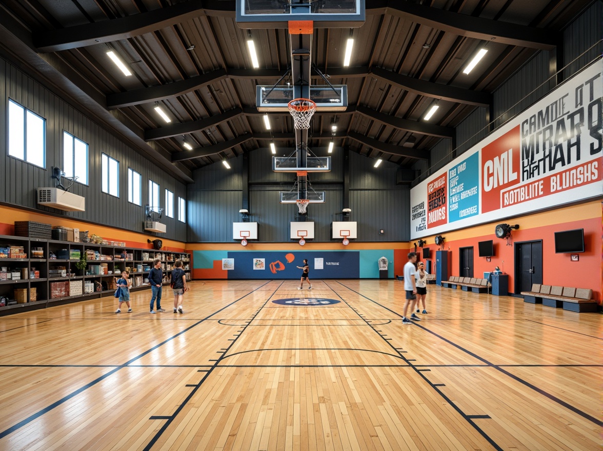 Prompt: Modern gymnasium interior, polished wood flooring, mirrored walls, high ceilings, industrial lighting, sports equipment storage, basketball hoops, volleyball nets, badminton courts, athletic tracks, professional sound systems, motivational quotes, vibrant color schemes, durable finishes, shock-absorbing materials, safety padding, accessible seating areas, spectator viewing platforms, natural ventilation systems, energy-efficient LED lighting, 1/2 composition, softbox lighting, realistic textures, ambient occlusion.