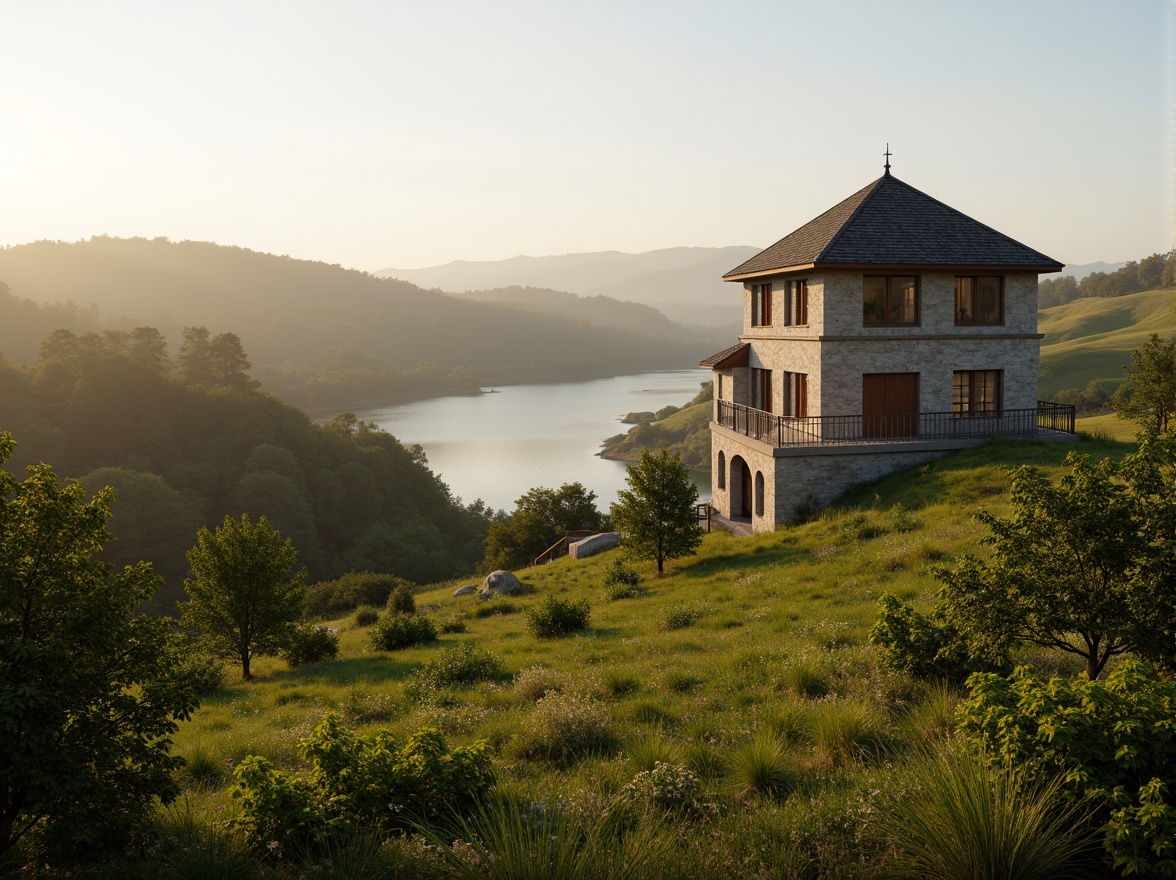 Prompt: Watchtower nestled in rolling hills, lush green meadows, serene lakeside setting, rustic stone walls, wooden accents, natural blend with surroundings, elevated scenic views, panoramic vistas, soft misty atmosphere, warm golden lighting, 1/1 composition, cinematic depth of field, realistic foliage textures, ambient occlusion.