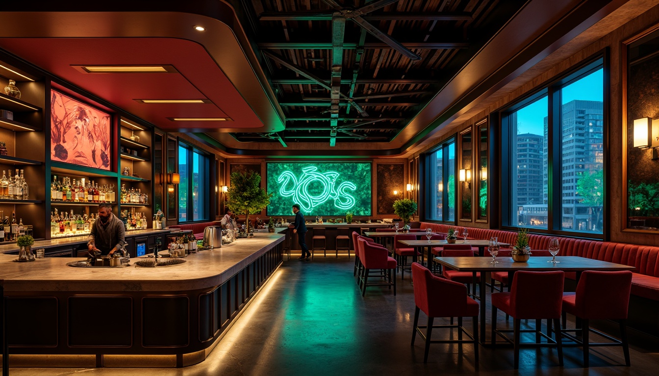 Prompt: Rich velvety bar, luxurious atmosphere, dimmed lighting, bold geometric shapes, metallic accents, sleek lines, dark wood tones, polished marble countertops, vibrant neon signs, urban cityscape, nighttime ambiance, moody colors, deep blues, emerald greens, rich reds, golden yellows, soft warm glow, high contrast, dramatic shadows, cinematic mood, abstract artwork, minimalist decor, industrial chic, reclaimed wood textures, exposed brick walls, sophisticated cocktails, glamorous patrons.