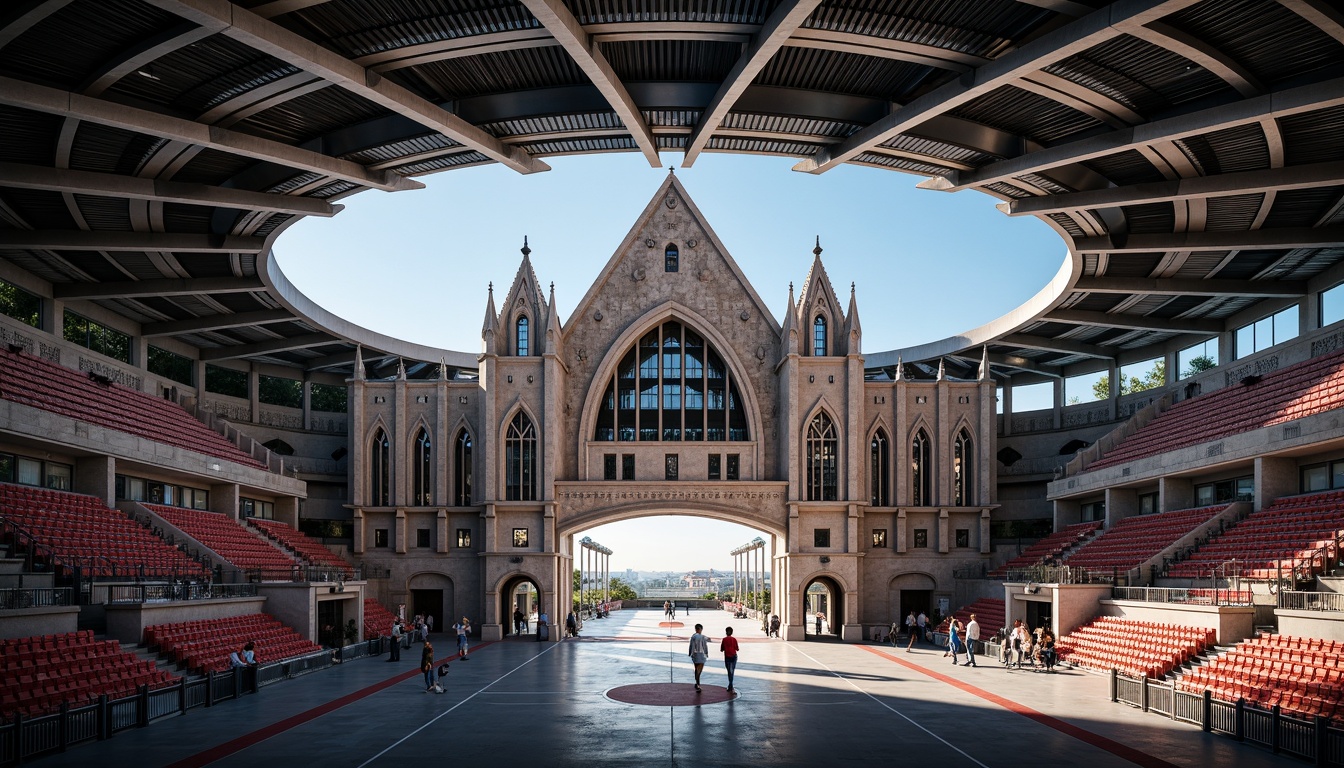 Prompt: Gothic-style sports stadium, grandiose entrance gates, pointed arches, ribbed vaults, flying buttresses, intricate stone carvings, stained glass windows, modern steel roofing, angular lines, futuristic architecture, sleek metal beams, exposed ductwork, industrial-style lighting, polished concrete floors, vibrant team colors, athletic track lanes, basketball courts, spectator seating areas, dynamic shadows, high-contrast lighting, dramatic camera angles, 1/2 composition, cinematic rendering.