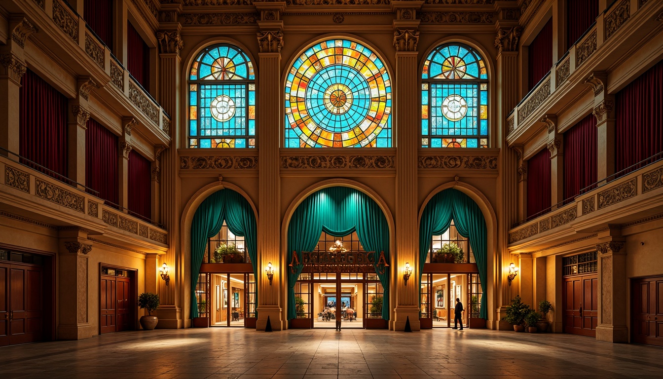 Prompt: Grand theater facade, ornate academic detailing, colored glass panels, stained glass windows, intricately patterned doors, majestic entranceways, symmetrical composition, classical columns, arched openings, vibrant turquoise accents, warm golden lighting, subtle texture overlays, shallow depth of field, 1/1 composition, dramatic spotlighting, luxurious velvet curtains, rich wood tones, ornate plasterwork, sculpted architectural details.