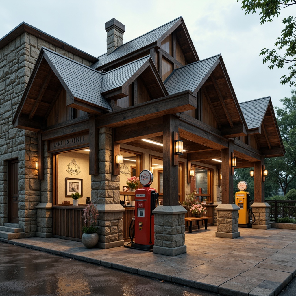 Prompt: Rustic gas station, ornate rooflines, Romanesque arches, sturdy stone walls, intricate carvings, richly textured facades, vintage fuel pumps, distressed metal signage, nostalgic lanterns, warm earthy tones, overcast sky, soft diffused lighting, 1/1 composition, realistic weathering effects, ambient occlusion.