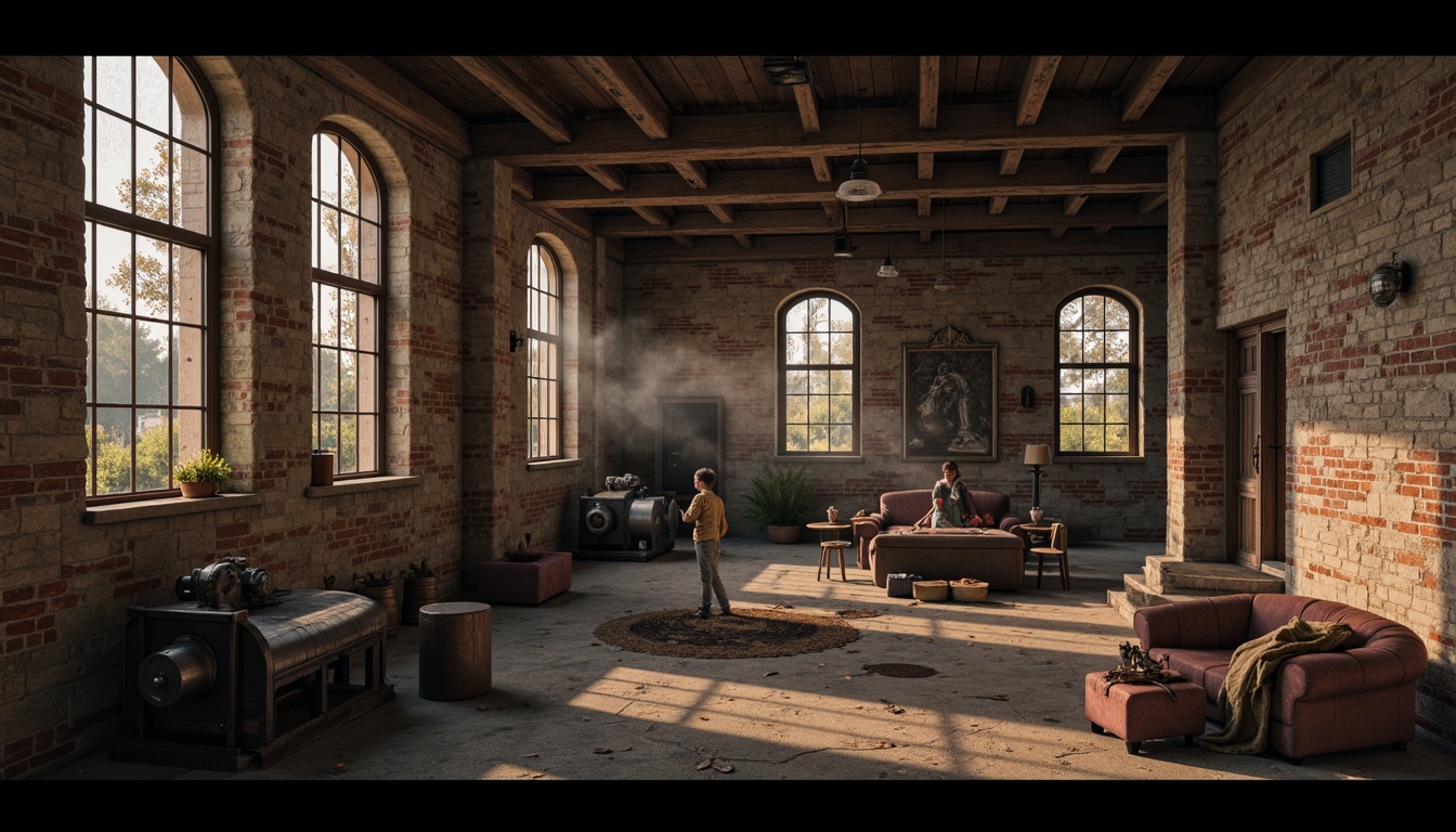 Prompt: Rustic stone walls, arched windows, ornate carvings, industrial metal accents, exposed brick facades, distressed wooden beams, vintage machinery, metallic gears, reclaimed wood textures, earthy color palette, dim warm lighting, atmospheric fog, 1/1 composition, close-up shot, realistic wear and tear, ambient occlusion.