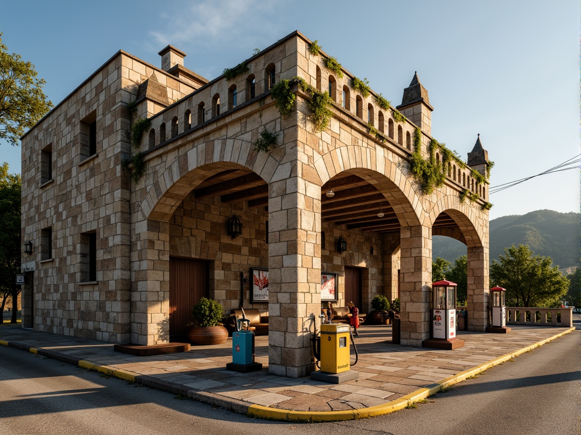 Prompt: Rustic gas station, Romanesque architecture, stone cladding exterior, rough-hewn stones, earthy tones, ornate carvings, grand archways, imposing columns, intricate stonework patterns, weathered stone surfaces, moss-covered walls, vintage gas pumps, nostalgic signage, rural landscape, rolling hills, sunny afternoon, warm golden lighting, shallow depth of field, 1/2 composition, realistic textures, ambient occlusion.