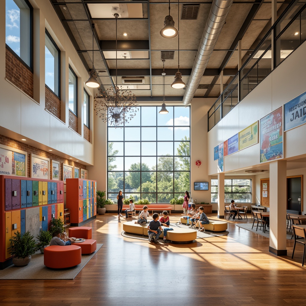 Prompt: Vibrant middle school interior, open atrium, natural light pouring in, sleek wooden flooring, colorful lockers, collaborative learning spaces, ergonomic furniture, interactive whiteboards, educational posters, inspirational quotes, comfortable reading nooks, flexible seating arrangements, technology-enabled classrooms, modern architectural details, suspended ceilings, recessed lighting, warm earthy tones, energetic atmosphere, shallow depth of field, 3/4 composition, realistic textures, ambient occlusion.