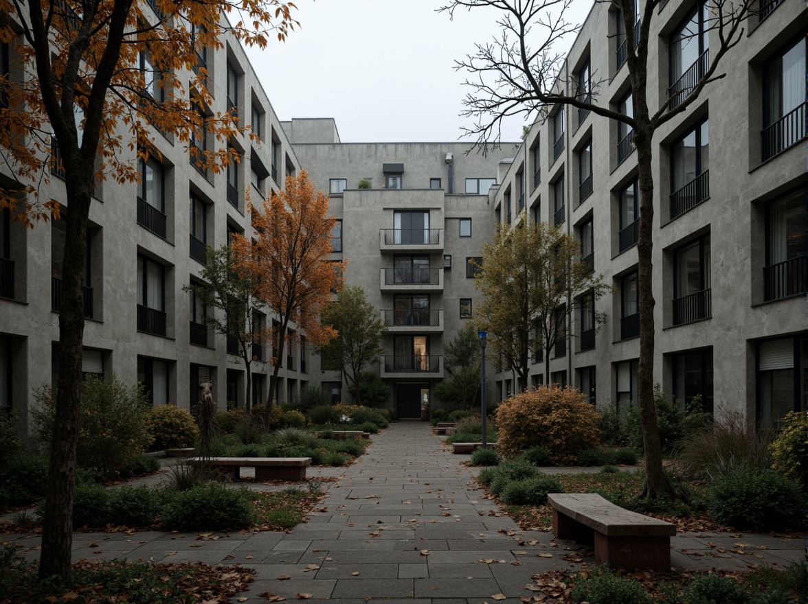 Prompt: Rugged concrete buildings, brutalist architecture, fortress-like design, mature trees, overgrown gardens, weathered stone walls, rusty metal fences, worn-out benches, scattered leaves, autumn colors, moody lighting, dramatic shadows, 1-point perspective, low-angle shot, cinematic mood, misty atmosphere, subtle fog effect.