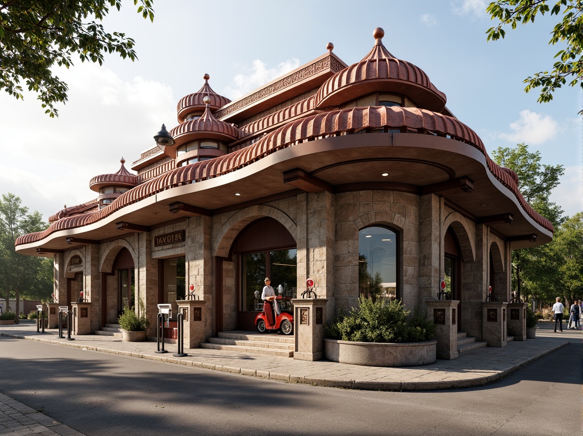 Prompt: Ornate gas station, Romanesque Revival style, red terra cotta roof tiles, ornamental ridges, curved eaves, grand archways, stone carvings, intricate stonework, rustic stone walls, aged copper roofing, decorative finials, classical columns, vintage gas pumps, retro-style signage, morning sunlight, soft warm lighting, shallow depth of field, 1/2 composition, realistic textures, ambient occlusion.