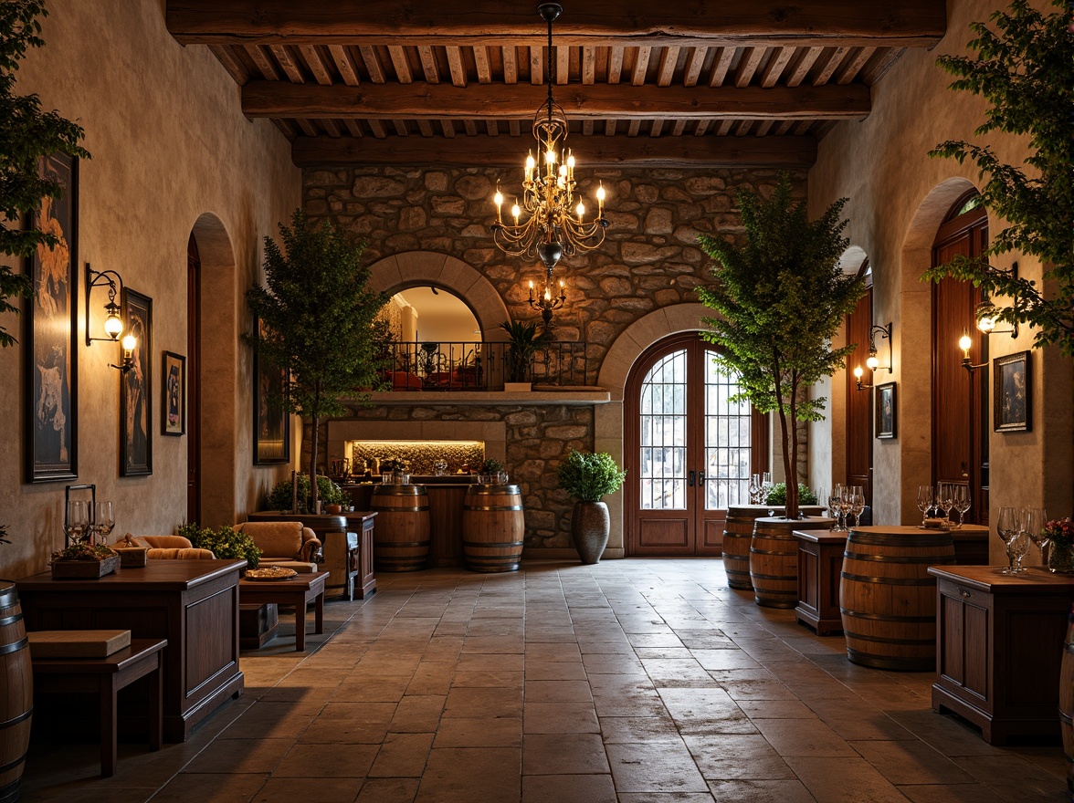 Prompt: Rustic winery building, stone walls, curved arches, ornate wooden doors, wrought iron gates, vine-covered trellises, terracotta roof tiles, classical columns, carved stonework, grand chandeliers, dim warm lighting, rich wood tones, lavish furnishings, ornate metalwork, decorative frescoes, rustic wooden barrels, wine cellar ambiance, earthy color palette, soft natural light, shallow depth of field, 1/2 composition, realistic textures, ambient occlusion.