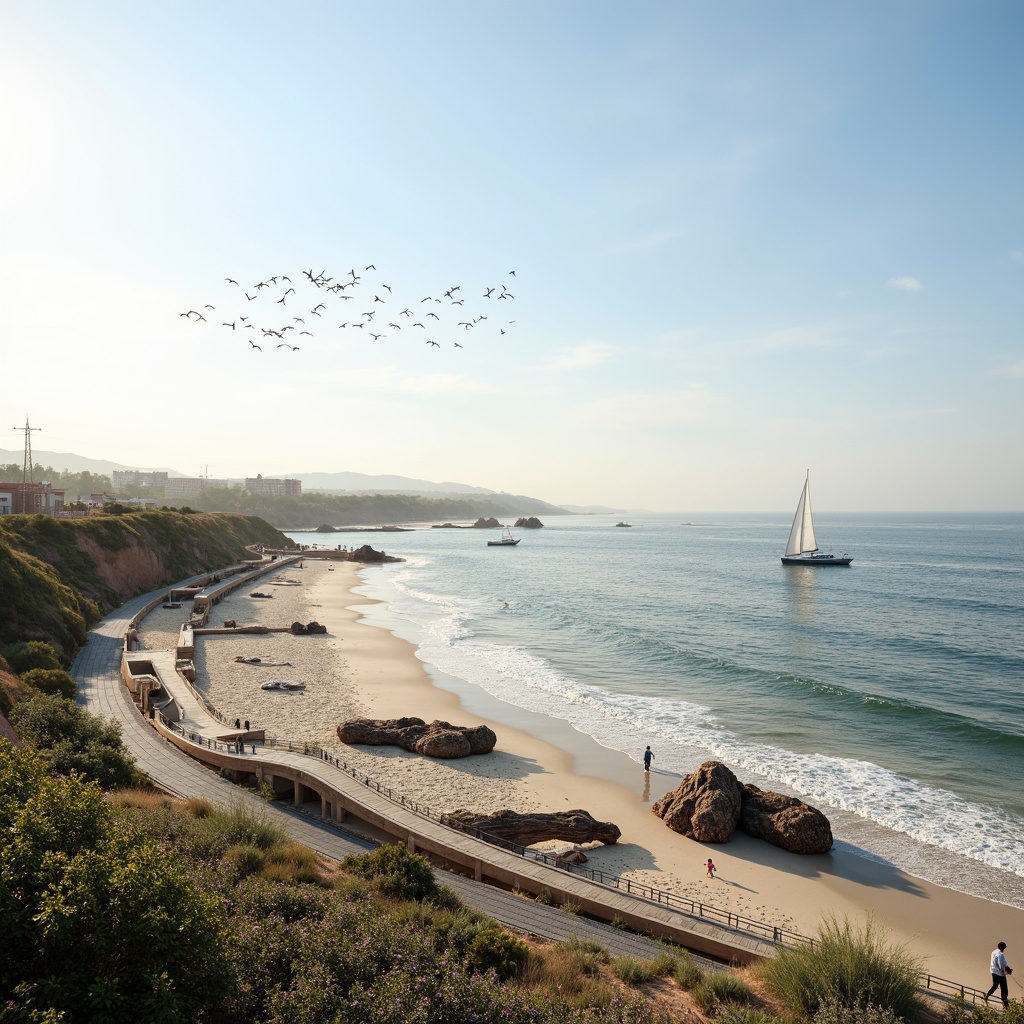 Prompt: Coastal landscape integration, serene ocean views, sandy beaches, rocky shores, driftwood sculptures, seaside promenades, boardwalks, piers, sailboats, yachts, seagulls flying overhead, salty sea air, warm sunny day, soft golden lighting, shallow depth of field, 1/2 composition, natural textures, ambient occlusion, eco-friendly materials, sustainable coastal development, green infrastructure, habitat restoration, native plant species, dynamic wave patterns, ocean-inspired architecture, curved lines, minimalistic design.