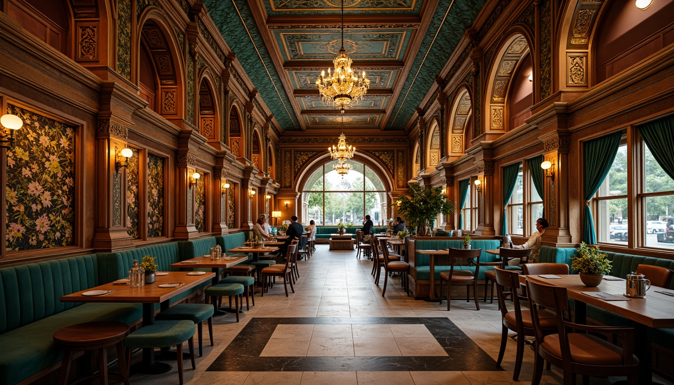 Prompt: Richly ornate coffee shop, Byzantine-inspired arches, intricately carved wooden accents, lavish golden decorations, vibrant turquoise mosaics, ornamental columns, marble floors, grandiose chandeliers, luxurious velvet drapes, warm intimate ambiance, soft warm lighting, 1/2 composition, shallow depth of field, realistic textures, ambient occlusion.