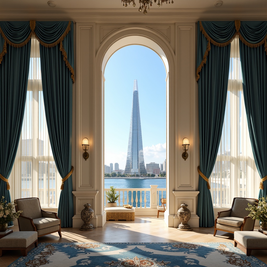 Prompt: Elegant coastal skyscraper, classicism style, floor-to-ceiling windows, sheer curtains, flowing drapes, ornate valances, soft silk fabrics, ocean-inspired patterns, subtle nautical themes, calming blue hues, crisp white trim, polished wooden accents, luxurious velvet textures, sophisticated roman shades, refined panel glides, majestic archways, grand entranceways, stunning city views, sunny coastal light, warm golden illumination, shallow depth of field, 2/3 composition, symmetrical framing.