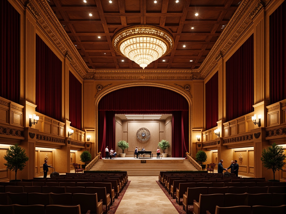 Prompt: Luxurious concert hall, rich wood tones, polished marble floors, velvet curtains, ornate chandeliers, acoustic panels, plush seating, intimate stage settings, dramatic spotlights, warm ambient lighting, 3/4 composition, shallow depth of field, soft focus, natural textures, realistic reflections, grand staircase, opulent furnishings, intricate moldings, lavish decorations.