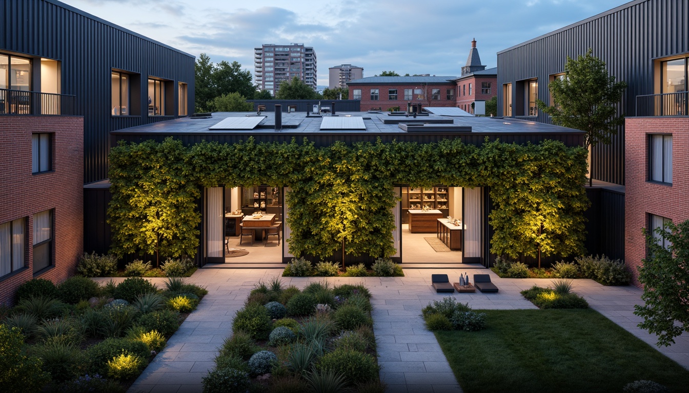 Prompt: Urban winery, industrial chic, exposed brick walls, metal cladding, green roofs, living walls, vertical gardens, modern minimalist architecture, floor-to-ceiling windows, sliding glass doors, natural ventilation systems, solar panels, urban agriculture, cityscape views, evening ambient lighting, shallow depth of field, 1/2 composition, realistic textures, ambient occlusion.