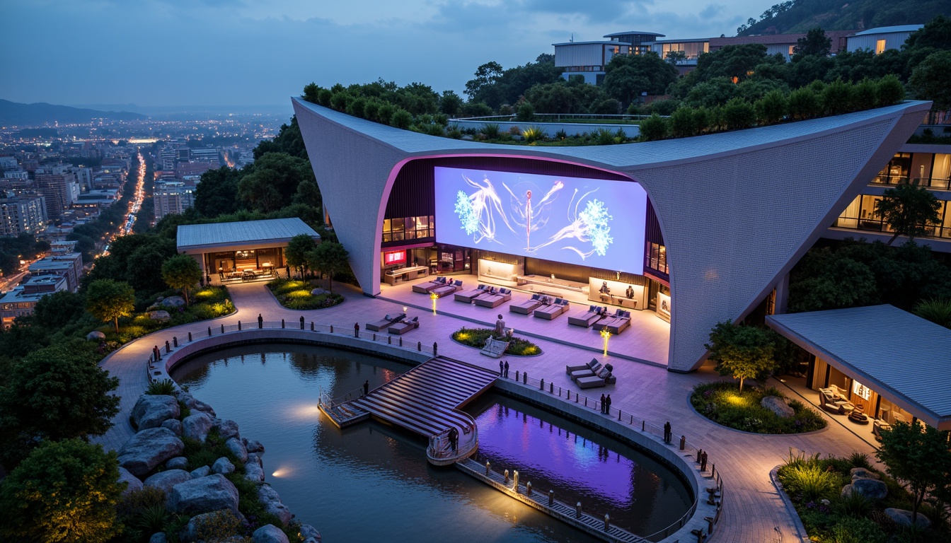 Prompt: Futuristic performing arts center, curved metallic fa\u00e7ade, neon-lit LED lights, undulating rooflines, cantilevered structures, panoramic cityscape views, lush green roofs, water features, infinity pools, glass bridges, sleek minimalist interior design, avant-garde art installations, dynamic stage lighting, state-of-the-art sound systems, holographic projections, 3D visual effects, virtual reality experiences, futuristic furniture designs, metallic flooring, atmospheric misting systems, ambient electronic music, surrealistic architecture, cyberpunk-inspired aesthetic, dramatic spotlights, shallow depth of field, cinematic composition, realistic textures.