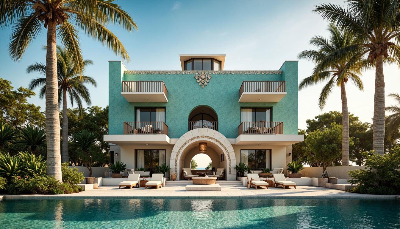 Prompt: Luxurious beachfront villa, ornate Art Deco facade, curved lines, geometric patterns, metallic accents, vibrant turquoise hues, ocean-inspired motifs, scallop-shaped archways, intricate mosaics, ornamental ironwork, grand staircases, lavish chandeliers, polished marble floors, high ceilings, expansive windows, sliding glass doors, tropical plants, palm trees, sunny day, warm golden lighting, shallow depth of field, 1/2 composition, symmetrical view, realistic reflections, ambient occlusion.