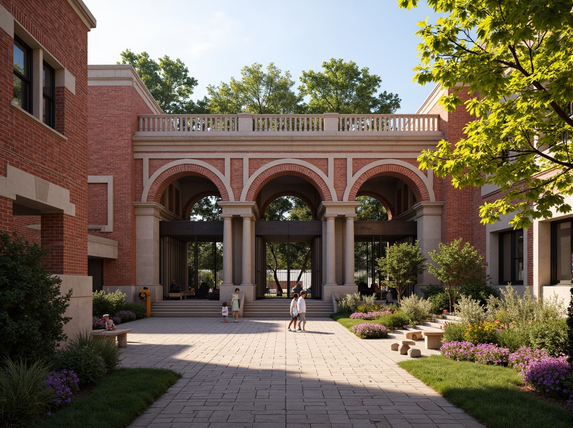 Prompt: Traditional brick facade, rustic red hues, textured stone walls, educational institutions, modernized classical architecture, symmetrical entrance, grand archways, ornate columns, vintage metal gates, lush greenery, vibrant flowers, playground equipment, climbing frames, swings, benches, natural stone walkways, afternoon sunlight, soft warm lighting, shallow depth of field, 3/4 composition, panoramic view, realistic textures, ambient occlusion.