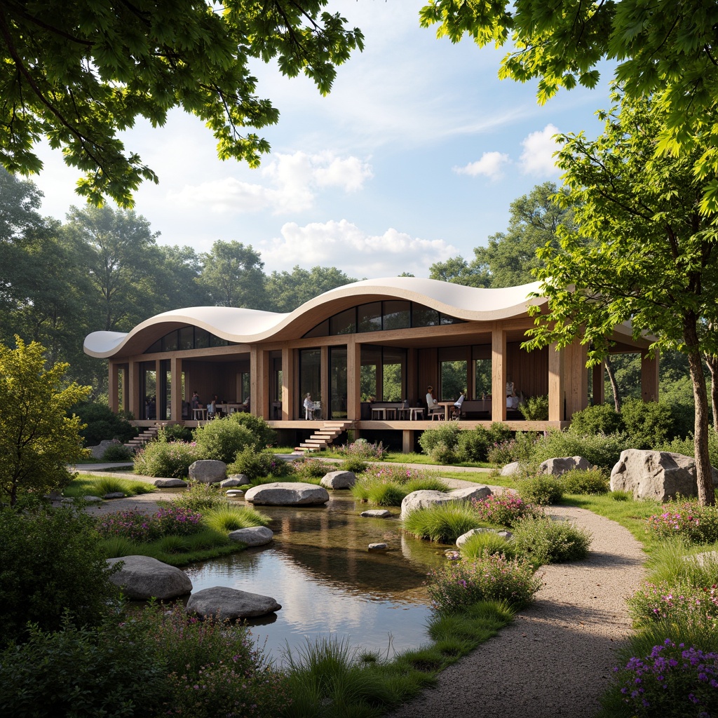 Prompt: Majestic pavilion, curved rooflines, natural stone walls, wooden accents, lush greenery, vibrant flowers, serene water features, walking trails, regional cultural influences, earthy color palette, rustic textures, ambient lighting, shallow depth of field, 3/4 composition, panoramic view, realistic foliage, gentle misting effects, warm sunny day, soft focus background.