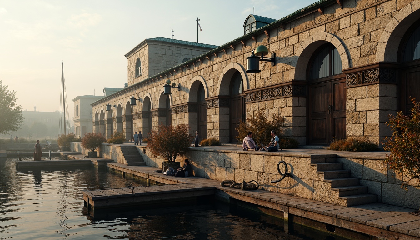 Prompt: Waterfront boathouse, rustic stone walls, wooden docks, nautical ropes, ornate metal fixtures, Romanesque arches, rounded towers, stone carvings, intricately patterned stonework, weathered wood accents, copper roofing, verdigris patina, soft warm lighting, misty morning atmosphere, shallow depth of field, 1/2 composition, realistic textures, ambient occlusion.