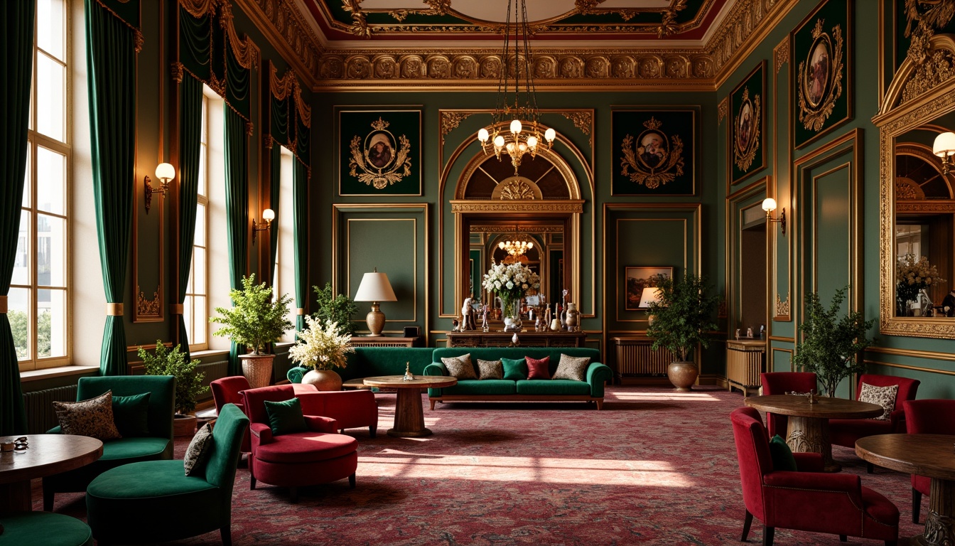 Prompt: Luxurious casino interior, Renaissance-inspired d\u00e9cor, rich jewel-toned color palette, emerald green velvet fabrics, ruby red ornate furnishings, golden accents, intricate moldings, ornate chandeliers, lavish drapery, marble floors, gilded frames, warm soft lighting, dramatic shadows, 1/2 composition, shallow depth of field, realistic textures, ambient occlusion.