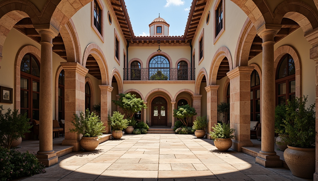 Prompt: Romanesque clinic, arches, columns, vaulted ceilings, stone walls, stained glass windows, grand entrance, ornate doorways, rounded towers, rustic brickwork, terra cotta roof tiles, intricate carvings, ornamental ironwork, warm earthy tones, soft natural lighting, shallow depth of field, 1/2 composition, symmetrical framing, realistic textures, ambient occlusion.