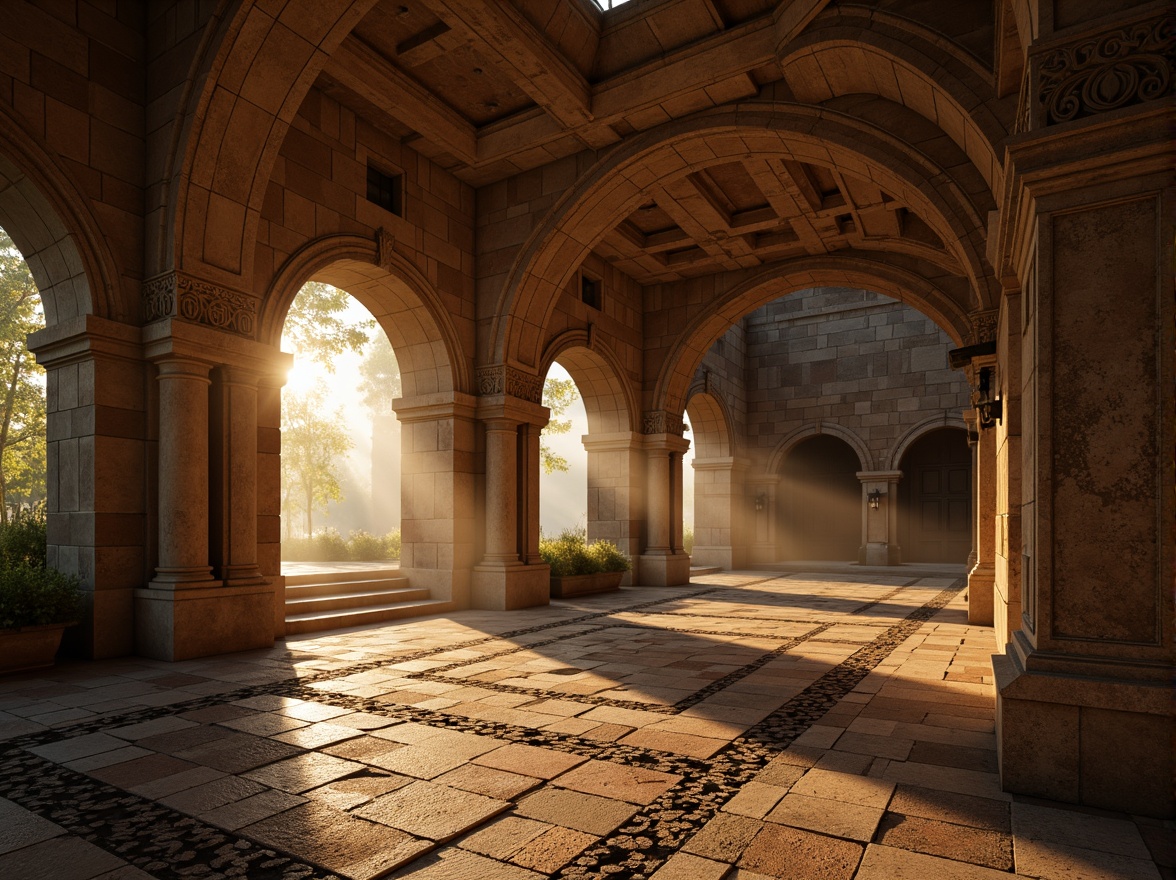 Prompt: Ancient stone arches, ornate carvings, rustic stonework, grand entranceways, vaulted ceilings, ribbed domes, Gothic-inspired columns, intricately patterned floors, richly textured walls, warm golden lighting, soft misty atmosphere, cinematic composition, dramatic shadows, realistic stone textures, atmospheric fog, mystical ambiance.