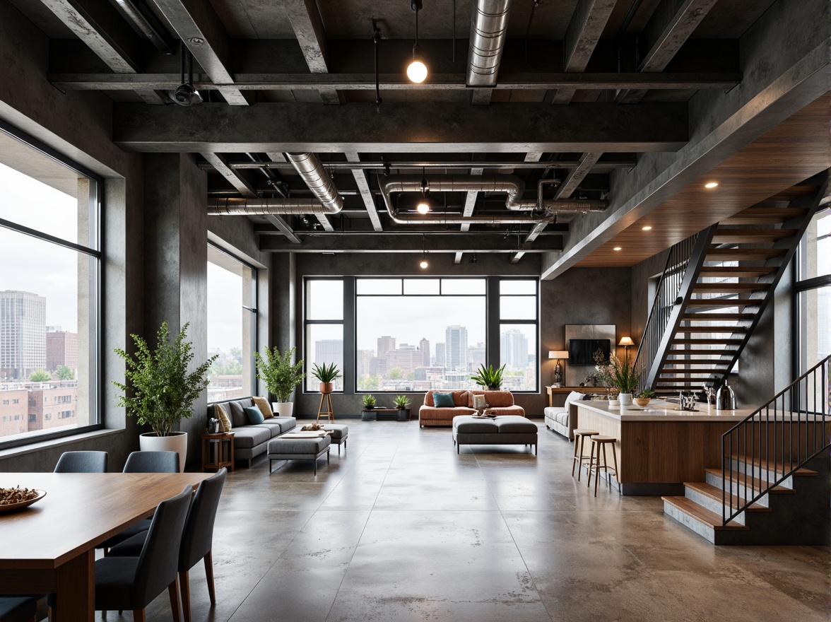 Prompt: Intricate steel beams, exposed ductwork, industrial chic aesthetic, polished concrete floors, minimalist decor, urban loft atmosphere, reclaimed wood accents, modern pendant lighting, floor-to-ceiling windows, cityscape views, neutral color palette, geometric patterns, sleek metal staircases, open-concept living areas, 1/1 composition, natural ambient lighting, shallow depth of field, realistic textures, ambient occlusion.