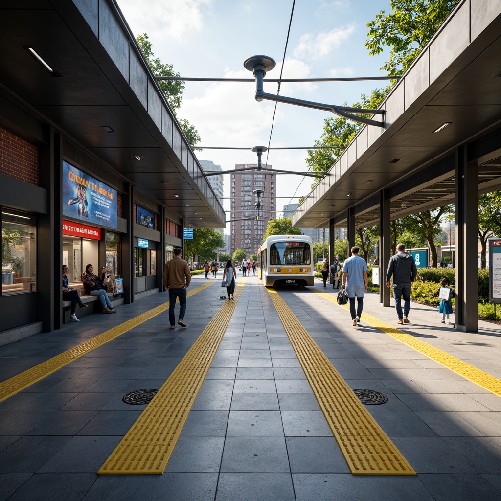 Prompt: Accessible tram station, ramps and elevators, wide platforms, tactile guidance paths, audio announcements, visual displays, Braille signage, wheelchair-accessible ticketing machines, gentle slopes, ample pedestrian space, natural stone flooring, modern glass roofing, abundant natural lighting, soft warm illumination, shallow depth of field, 3/4 composition, panoramic view, realistic textures, ambient occlusion.