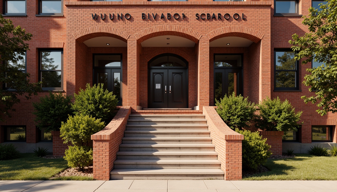 Prompt: Traditional brick fa\u00e7ade, rustic red brick tone, ornate brick patterns, imposing school entrance, sturdy brick columns, grand staircase, warm earthy color scheme, natural textures, historic architectural style, symmetrical composition, balanced proportions, classical details, subtle weathering effects, soft afternoon lighting, shallow depth of field, 1/2 composition, realistic renderings.