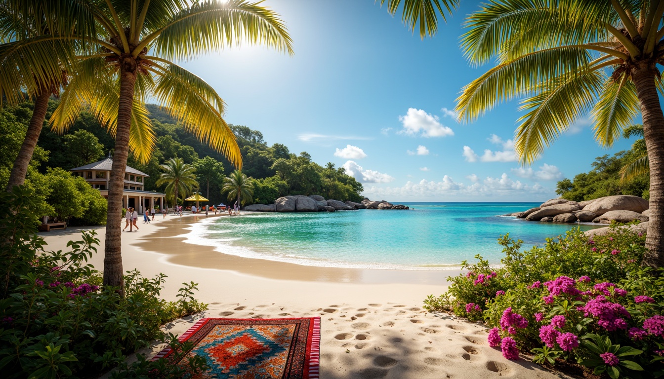 Prompt: Vibrant tropical island, lush green palm trees, exotic floral arrangements, warm sandy beaches, crystal-clear turquoise waters, bright coral reefs, sunny cloudless sky, bold colorful textiles, eclectic mix of patterns, intricate tribal motifs, radiant sunset hues, soft golden lighting, 3/4 composition, shallow depth of field, realistic textures, ambient occlusion.