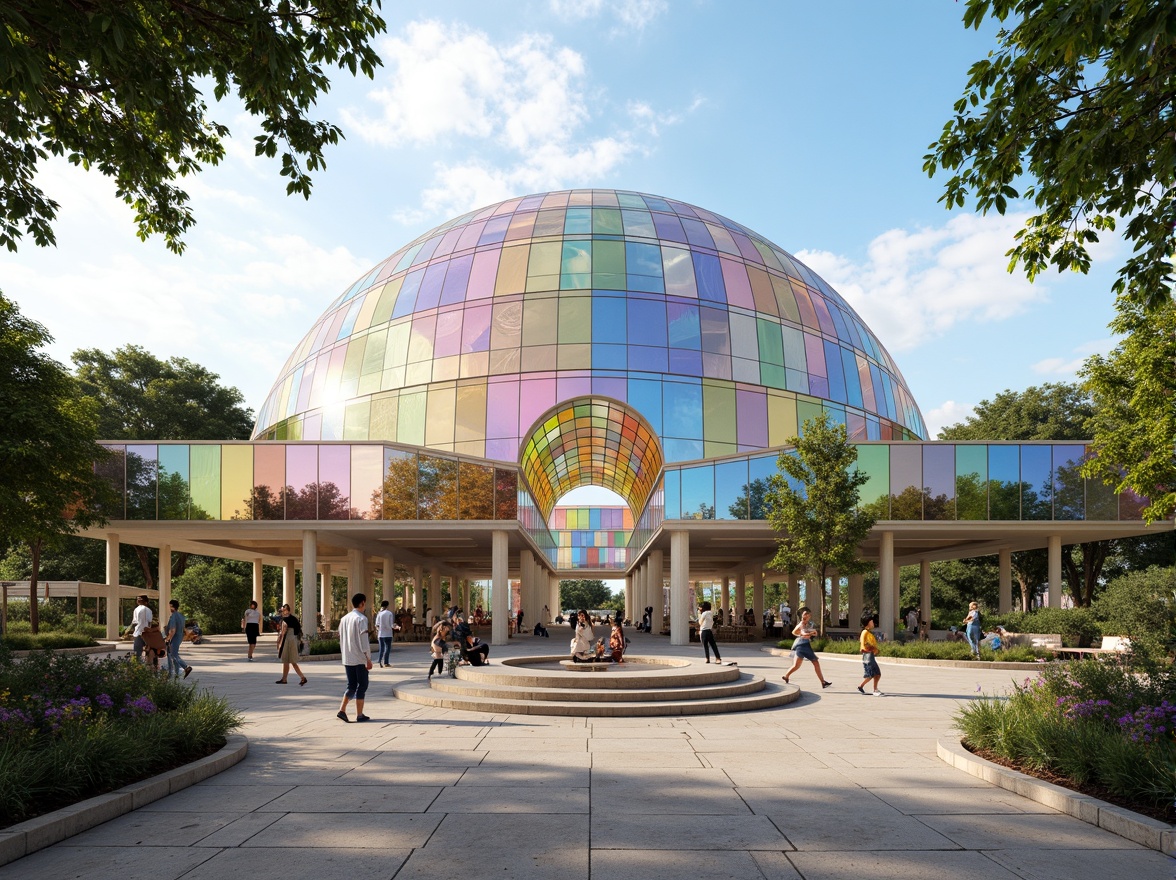 Prompt: Vibrant pavilion, iridescent dome, kaleidoscope colors, shimmering glass facade, translucent canopies, pastel hues, soft gradient transitions, bold accent walls, natural stone flooring, lush greenery surroundings, warm sunny day, gentle breezy atmosphere, dramatic shadows, high contrast lighting, 1/2 composition, wide-angle lens, realistic reflections, ambient occlusion.