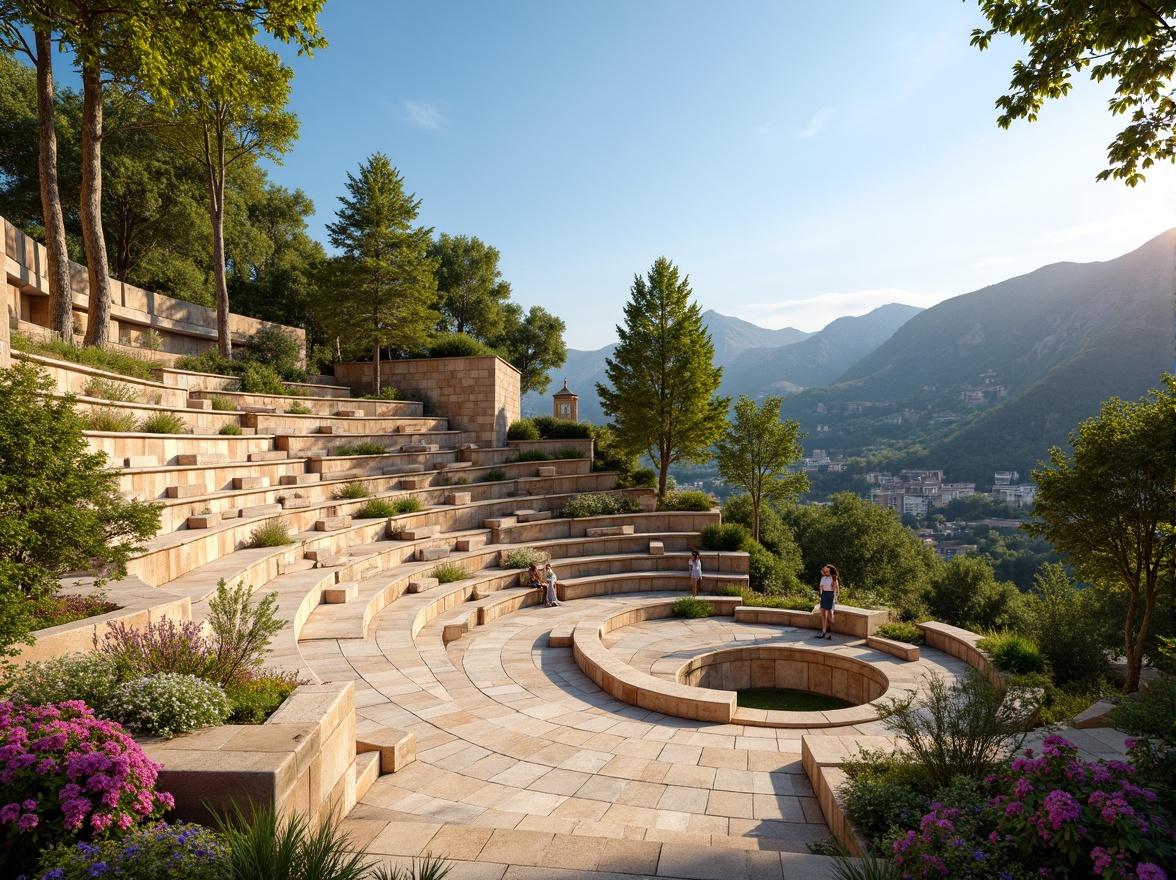 Prompt: Natural stone amphitheater, tiered seating, curved architecture, warm beige colors, rustic textures, lush greenery, vibrant flowers, scenic mountain views, clear blue sky, sunny day, soft warm lighting, shallow depth of field, 3/4 composition, panoramic view, realistic textures, ambient occlusion, state-of-the-art sound systems, optimized speaker placement, minimal echo, crisp audio clarity, comfortable audience seating, ergonomic chair design, accessible ramps, functional concession stands.